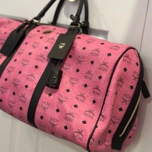 MCM Pink and Black Travel Bag with Monogram Print